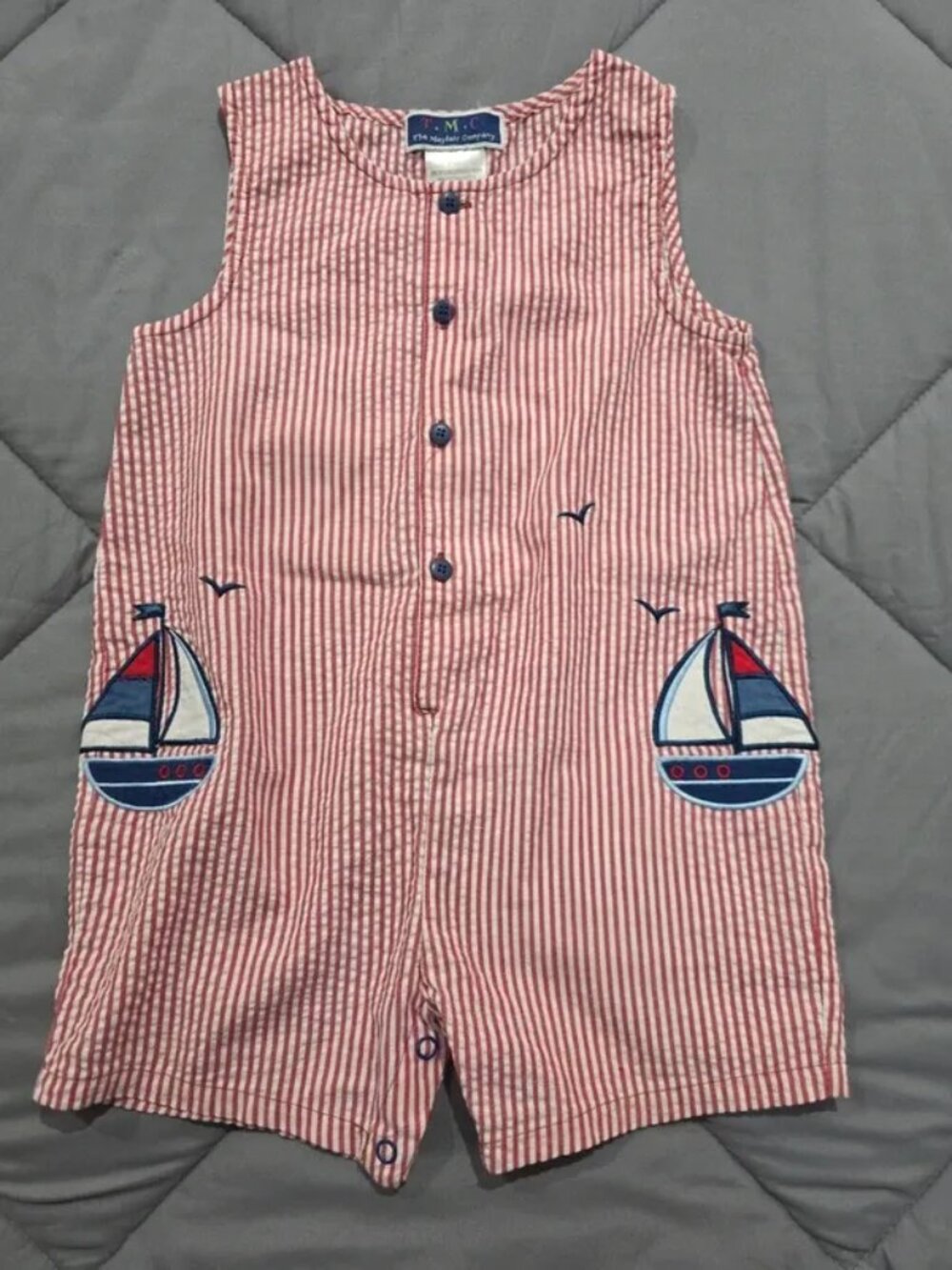 Vintage Boys Sz 4T T.M.C The Mayfair Company Red Striped Sailboat Romper